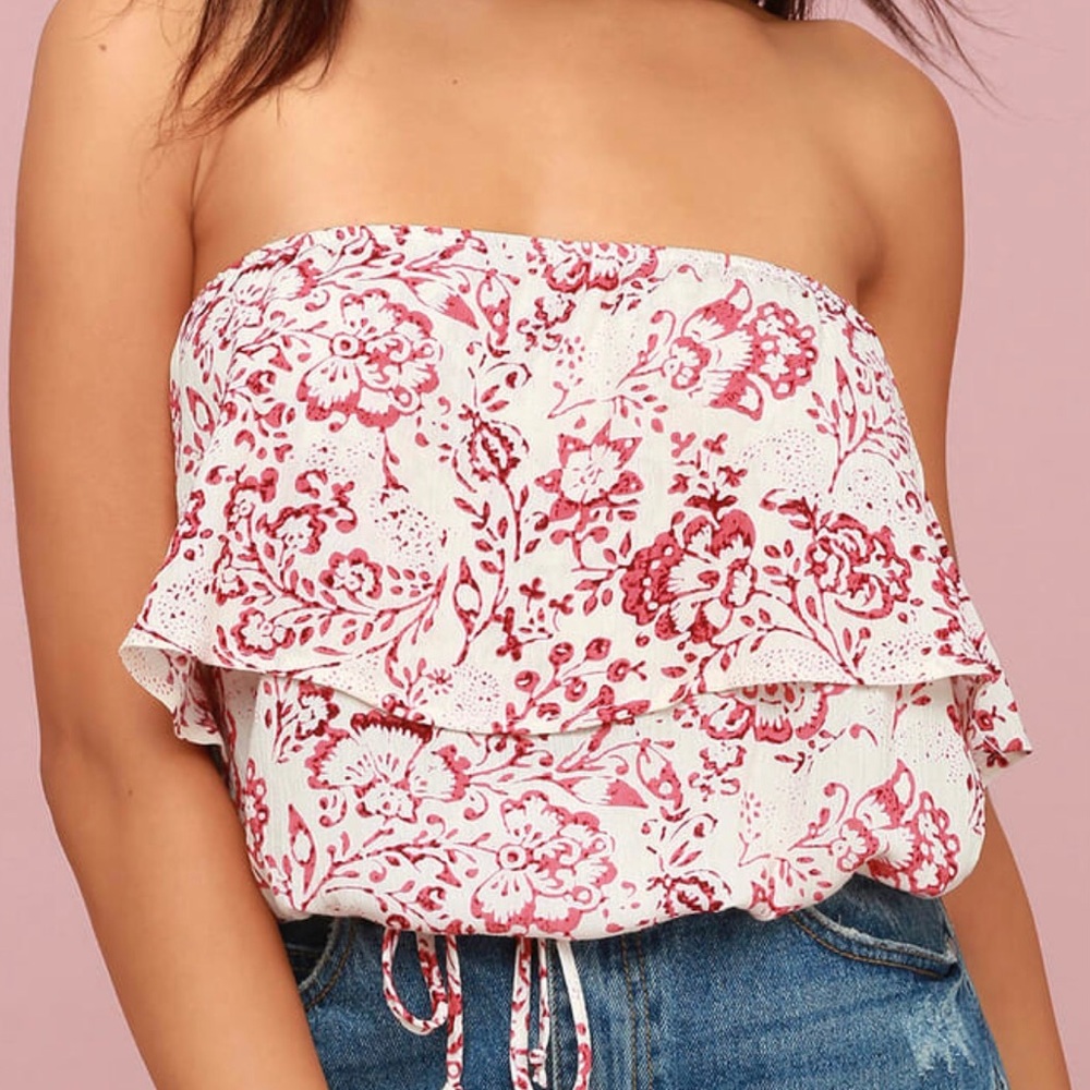 LULUS Burgundy Floral Print Strapless Top (M)